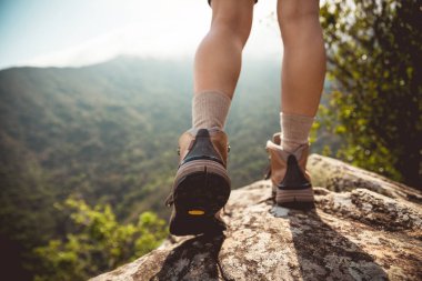 Başarılı yürüyüşçü dağın tepesindeki manzaranın tadını çıkar.
