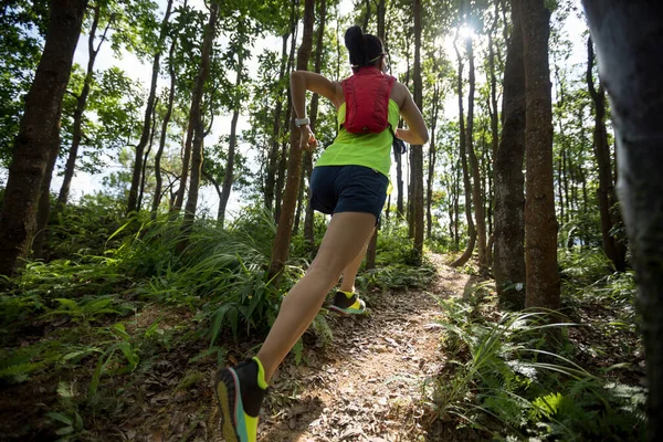 健康女子径赛选手在热带森林中奔跑 — 图库照片