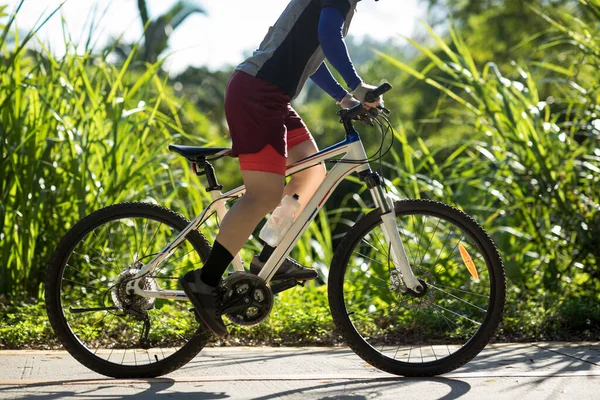 Mujer Montando Bicicleta Subiendo Una Pendiente Día Soleado — Foto de Stock