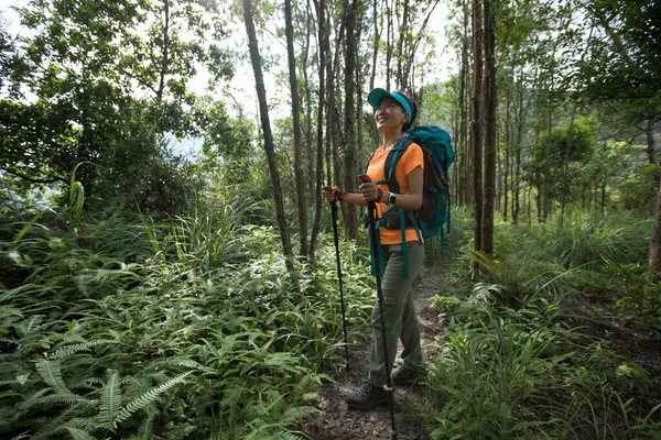 Žena Batohem Turistika Létě Východ Slunce Les Hora — Stock fotografie