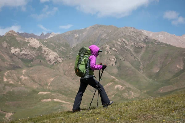 Úspěšná Žena Turistka Lezení Vysoké Nadmořské Výšky Vrcholu Hory — Stock fotografie