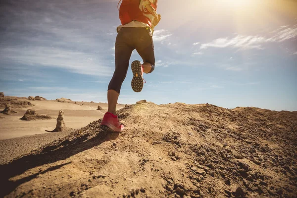 健康的女人穿越田野在沙漠中奔跑 — 图库照片