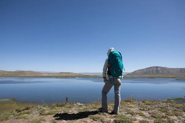 Backpacker Απολαύσετε Θέα Μεγάλο Υψόμετρο Λίμνη — Φωτογραφία Αρχείου