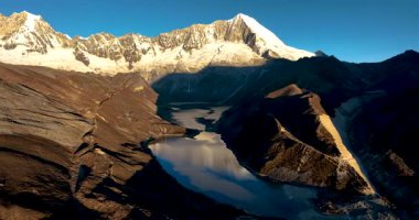 Geniş açılı bir video, uzun, karla kaplı dağları yansıtan geniş bir göl gösteriyor..