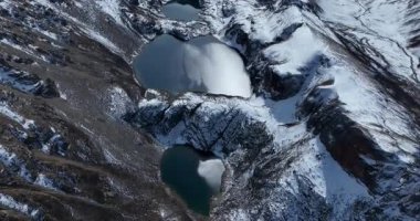 Bazı kısmen donmuş göller yüksek, karla kaplı bir dağ manzarasında dinleniyor..