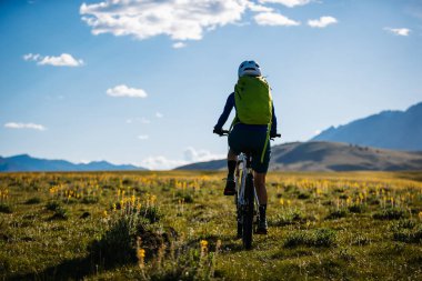 Asfalt yolda görkemli dağlarda bisiklet süren sportif ve aktif bir motorcu. 