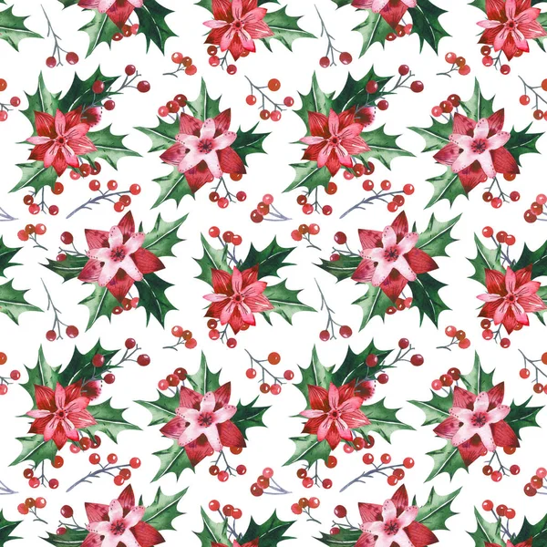 Patrón Sin Costuras Acuarela Con Flores Navidad Poinsettia Sobre Fondo —  Fotos de Stock