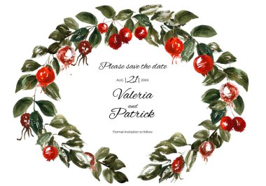 Suluboya kuşburnu sonbahar çerçevesi. Düğün davetiyeleri, sonbahar festivalleri, satış, tebrik kartları, okul kartları ve diğer sonbahar etkinlikleri için kullanılabilir.