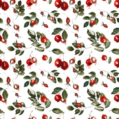 Suluboya dikişsiz kuşburnu sonbahar deseni. Tekstil, hediyelik ambalaj kağıdı, konfeksiyon, ev dekorasyonu için idealdir