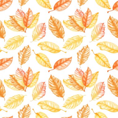 Sonbahar portakal ve yeallow yaprakları ile suluboya dikişsiz desen. Sonbahar dekorasyon Tekstil için ideal, hediyelik ambalaj kağıdı, giyim, ev dekorasyonu