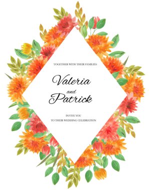 Sonbahar çiçekler ile suluboya sonbahar Dahlia çerçeve. Düğün davetiyeleri, sonbahar festivalleri, satış, tebrik kartları, geri okul kartları ve diğer sonbahar etkinliklerinde kullanılabilir.