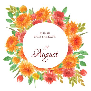 Sonbahar çiçekler ile suluboya sonbahar Dahlia çerçeve. Düğün davetiyeleri, sonbahar festivalleri, satış, tebrik kartları, geri okul kartları ve diğer sonbahar etkinliklerinde kullanılabilir.