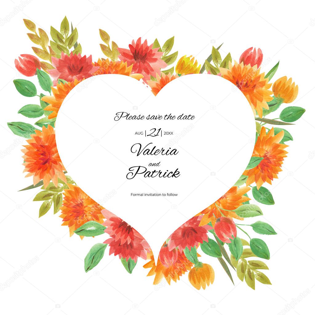 Watercolor autumn dahlia frame with fall flowers. Could be used for wedding invites, autumn festivals, sales,  greeting cards, back to school cards and other autumn events.
