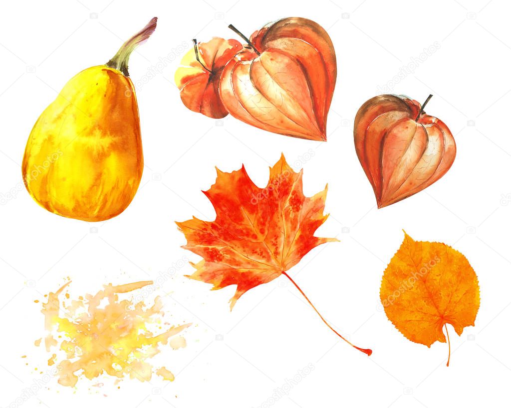 Watercolor bright thanksgiving and autumn wedding templates. Could be used for stationery, printing, invites, greeting cards.