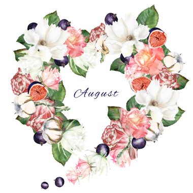 Çiçek, gül, meyve, figues ve yaban mersini karışımı ile çiçek zarif suluboya seti. Düğün şablonları, davetler, selamlar için kullanılabilir. 