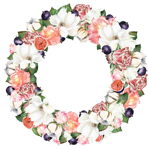 Blommig Elegant Akvarell Set Med Blandning Blommor Rosor Frukter Figues — Stockfoto