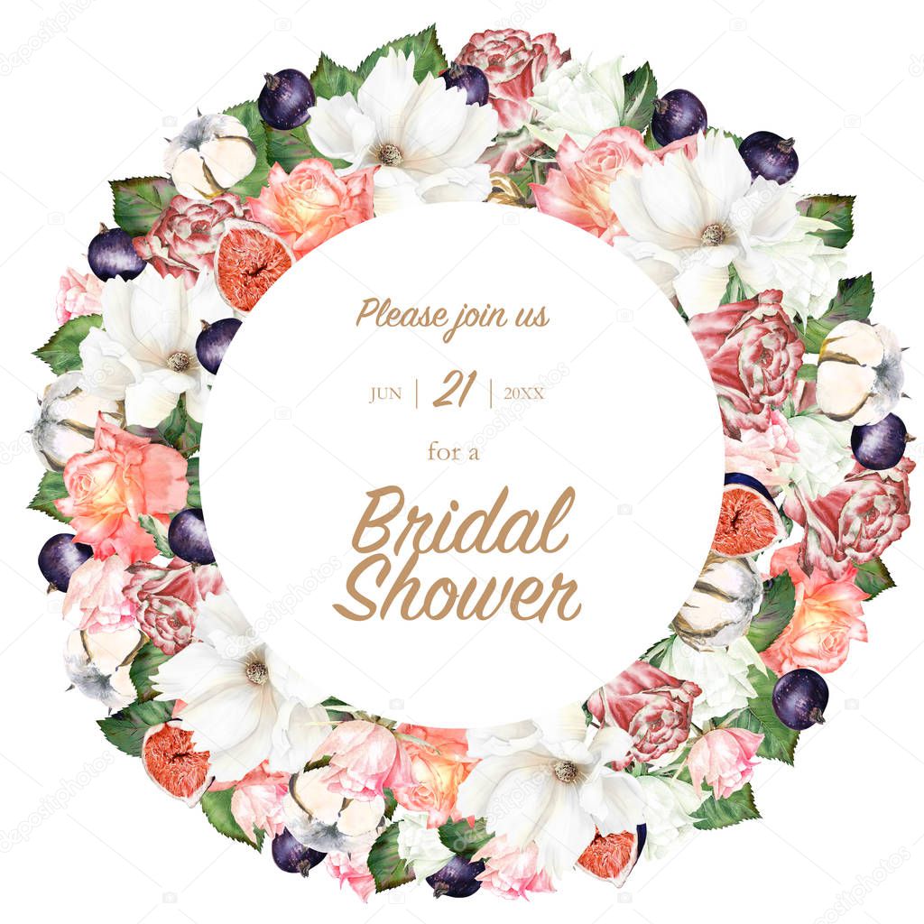 Floral elegant watercolor set with mixture of flowers, roses, fruits, figues and blueberries. Could be used for wedding templates, invites, greetings. 