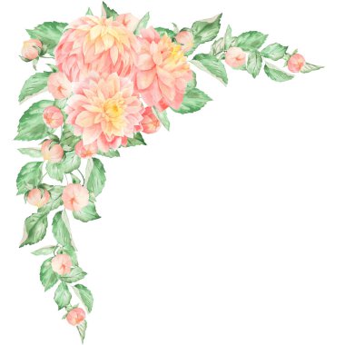 Pembe sarı dahlia düzenleme buketleri ile suluboya seti. Sonbahar tebrik, davet, düğün, web tasarım, hime ve tekstil çiçek dekor için kullanılabilir