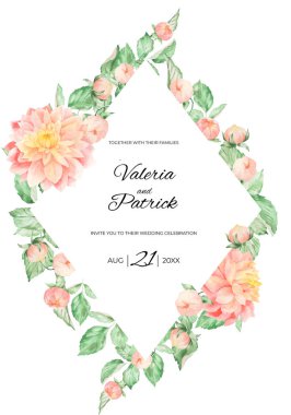 Pembe sarı dahlia düzenleme buketleri ile suluboya seti. Sonbahar tebrik, davet, düğün, web tasarım, hime ve tekstil çiçek dekor için kullanılabilir