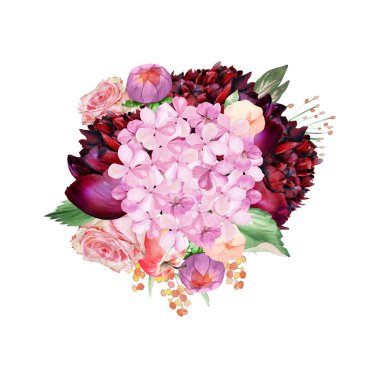 Suluboya bordo ve ortanca, dahlia, elma ile allık çiçek buketi. Düğün davetiyeleri, nişan kartları ve diğer romantik etkinlikler için kullanılabilir.