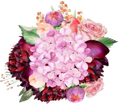 Suluboya bordo ve ortanca, dahlia, elma ile allık çiçek buketi. Düğün davetiyeleri, nişan kartları ve diğer romantik etkinlikler için kullanılabilir.