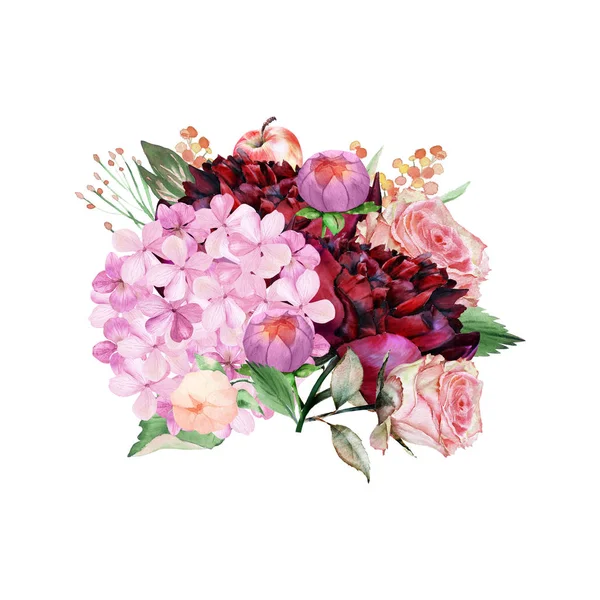 Akvarell Burgundy Och Blush Blommig Bukett Med Hydrangea Dahlia Äpplen — Stockfoto