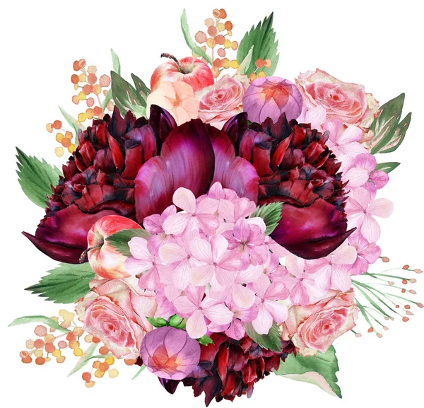Akvarell Burgundy Och Blush Blommig Bukett Med Hydrangea Dahlia Äpplen — Stockfoto