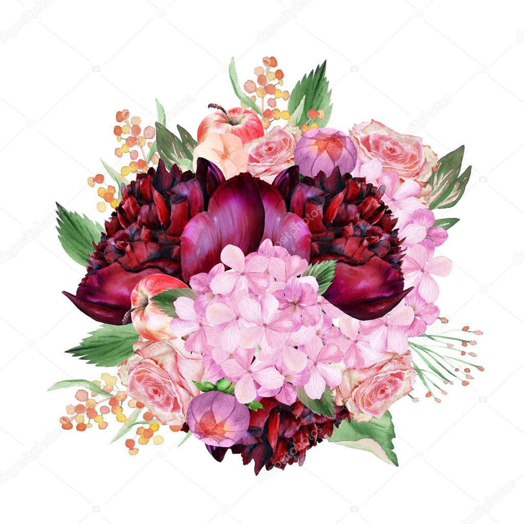 Watercolor burgundy and blush floral  bouquet with hydrangea, dahlia, apples. Could be used for wedding invites, engagement cards and other romantic events.