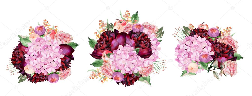 Watercolor burgundy and blush floral  bouquet with hydrangea, dahlia, apples. Could be used for wedding invites, engagement cards and other romantic events.