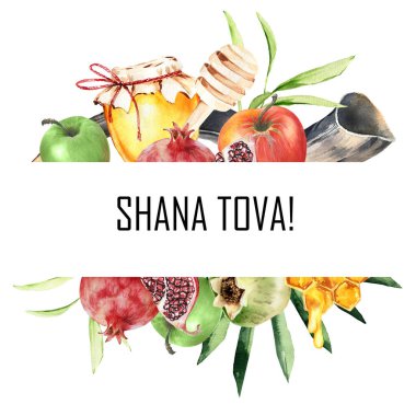 Rosh Hashana Yahudi bayramı suluboya klibi El Yahudi yeni yıl kartı çizdi Yahudi sembollü dini bir klişe