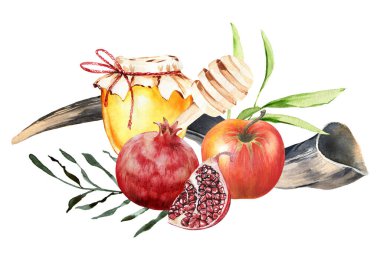Jewish holiday Rosh Hashana greeting design with shofar, horn, honey, pomegranate and apples. Jewish New year celebration Shana tova greeting card template. clipart