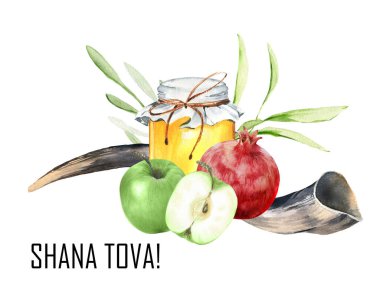 Yahudi bayramı Rosh Hashana Shofar, boynuz, bal, nar ve elmalarla karşılama tasarımı. Yahudi Yeni Yılı Shana tova tebrik kartı şablonu.