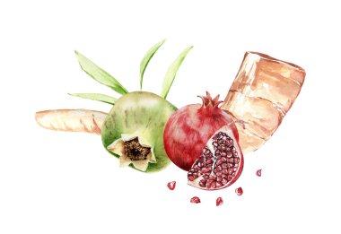 Yahudi bayramı Rosh Hashana Shofar, boynuz, bal, nar ve elmalarla karşılama tasarımı. Yahudi Yeni Yılı Shana tova tebrik kartı şablonu.