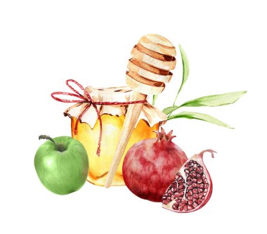 Yahudi bayramı Rosh Hashana ballı, nar ve elmalı tasarımı selamlıyor. Yahudi Yeni Yıl Kutlaması. Suluboya bal kavanozu ve meyve. Shana tova tebrik kartı şablonu. 
