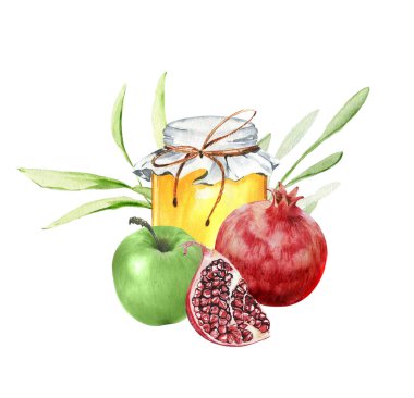 Yahudi bayramı Rosh Hashana ballı, nar ve elmalı tasarımı selamlıyor. Yahudi Yeni Yıl Kutlaması. Suluboya bal kavanozu ve meyve. Shana tova tebrik kartı şablonu. 
