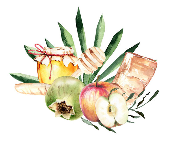 Еврейский праздник Рош ха-Шана приветствует дизайн с шофаром, рогом, медом, гранатом и яблоками. Еврейский новогодний праздник Шана Това.