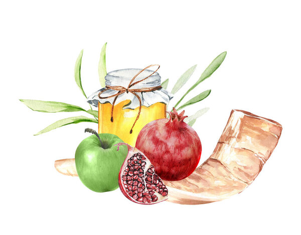 Еврейский праздник Рош ха-Шана приветствует дизайн с шофаром, рогом, медом, гранатом и яблоками. Еврейский новогодний праздник Шана Това.