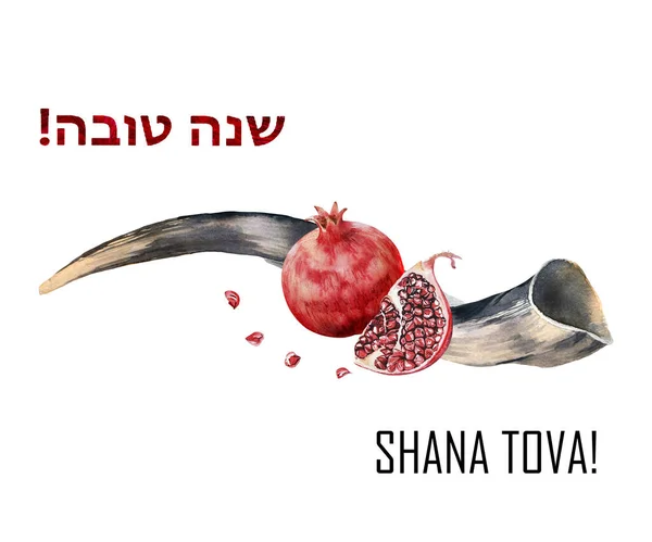 Yahudi Bayramı Rosh Hashana Shofar Boynuz Bal Nar Elmalarla Karşılama — Stok fotoğraf