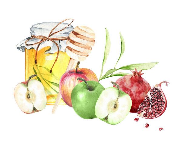 Еврейский праздник Рош ха-Шана встречает дизайнеров медом, гранатом и яблоками. Еврейское празднование Нового года. Акварель банка меда и фрукты. Шана Това шаблон поздравительной открытки. 