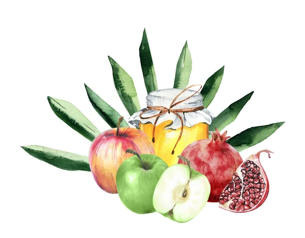 유태인 Rosh Hashana 사과로 디자인에 인사말 유대인 꿀단지와 과일입니다 토바가 — 스톡 사진