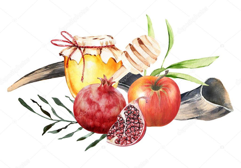 Jewish holiday Rosh Hashana greeting design with shofar, horn, honey, pomegranate and apples. Jewish New year celebration Shana tova greeting card template.