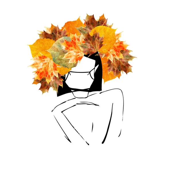 Watercolor Girl Wearing Respirator Fase Mask Protect Virus Autumn Leaves — Stock Photo, Image