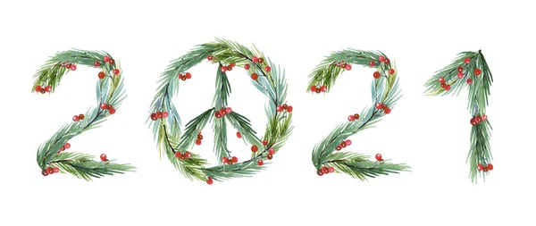 Akvarel Nový Rok 2021 Symbol Míru Vánoční Přání Mírumilovné Radost — Stock fotografie