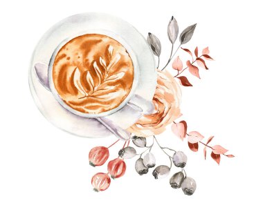 Çiçekli suluboya kahve fincanı. Şeftali gülleri, boho çiçekleri. Kadınsı logo, kafe menüsü, afiş, çıkartma için harika. Sonbahar kahvesi.