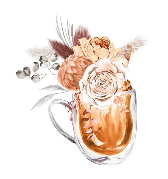 Tasse Café Aquarelle Avec Bouquets Fleurs Roses Pêche Fleurs Boho — Photo