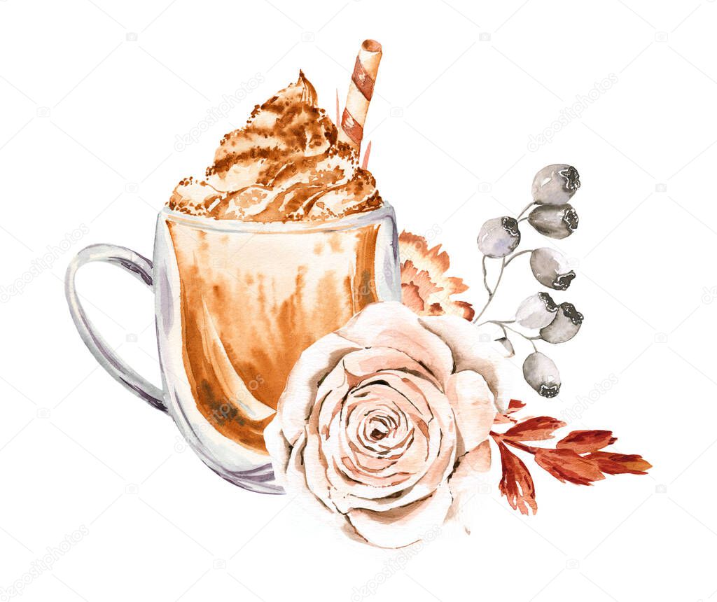 Watercolor coffe cup with florals bouquets. Peach roses, boho flowers. Great for feminine logo, cafe menu, banner, stickers. Autumn cup of coffee
