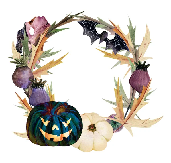 Corona Halloween Acuarela Con Calabazas Motivos Araña Murciélago Kawaii Halloween — Foto de Stock