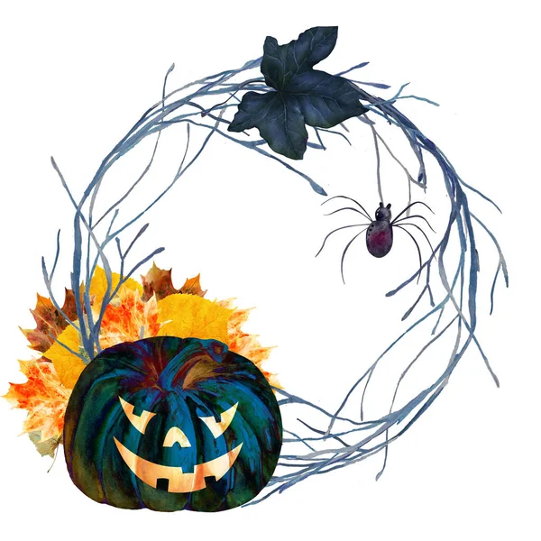 Corona Halloween Acuarela Con Calabazas Motivos Araña Murciélago Kawaii Halloween — Foto de Stock