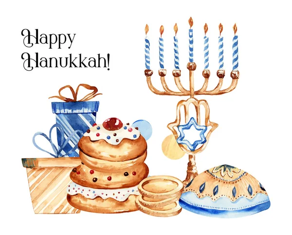 Fiesta Judía Hanukkah Diseño Banner Con Menorah Dreidel Panadería Tradicional —  Fotos de Stock