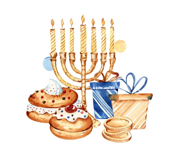 犹太节日光明节的横幅设计与Menorah Dreidel 传统烘焙 犹太Hanukkah框架 快乐光明节贺卡模板 — 图库照片